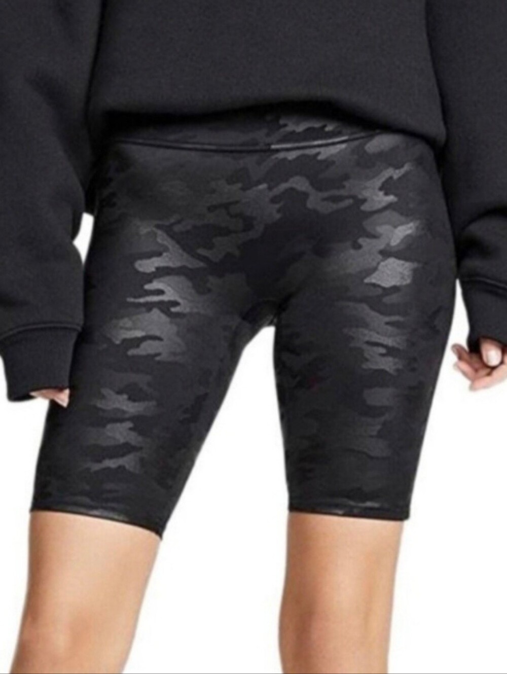 SPANX Faux Leather Camo High Rise Bike Shorts Black Camo Small